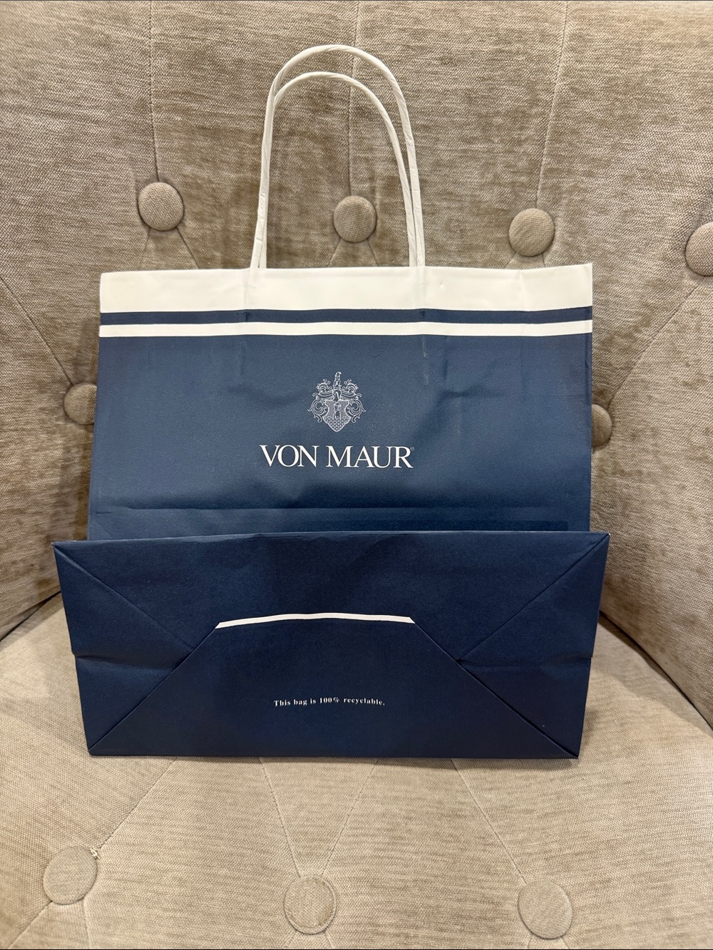 Von Maur Navy White Small Empty Paper Bag 10x10x5” Paper Handles